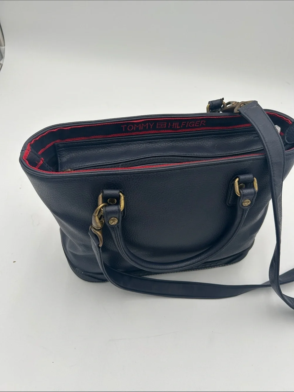 Y2K Tommy Hilfiger Navy Pebbled Leather Tote Bag  Detachable Crossbody Strap